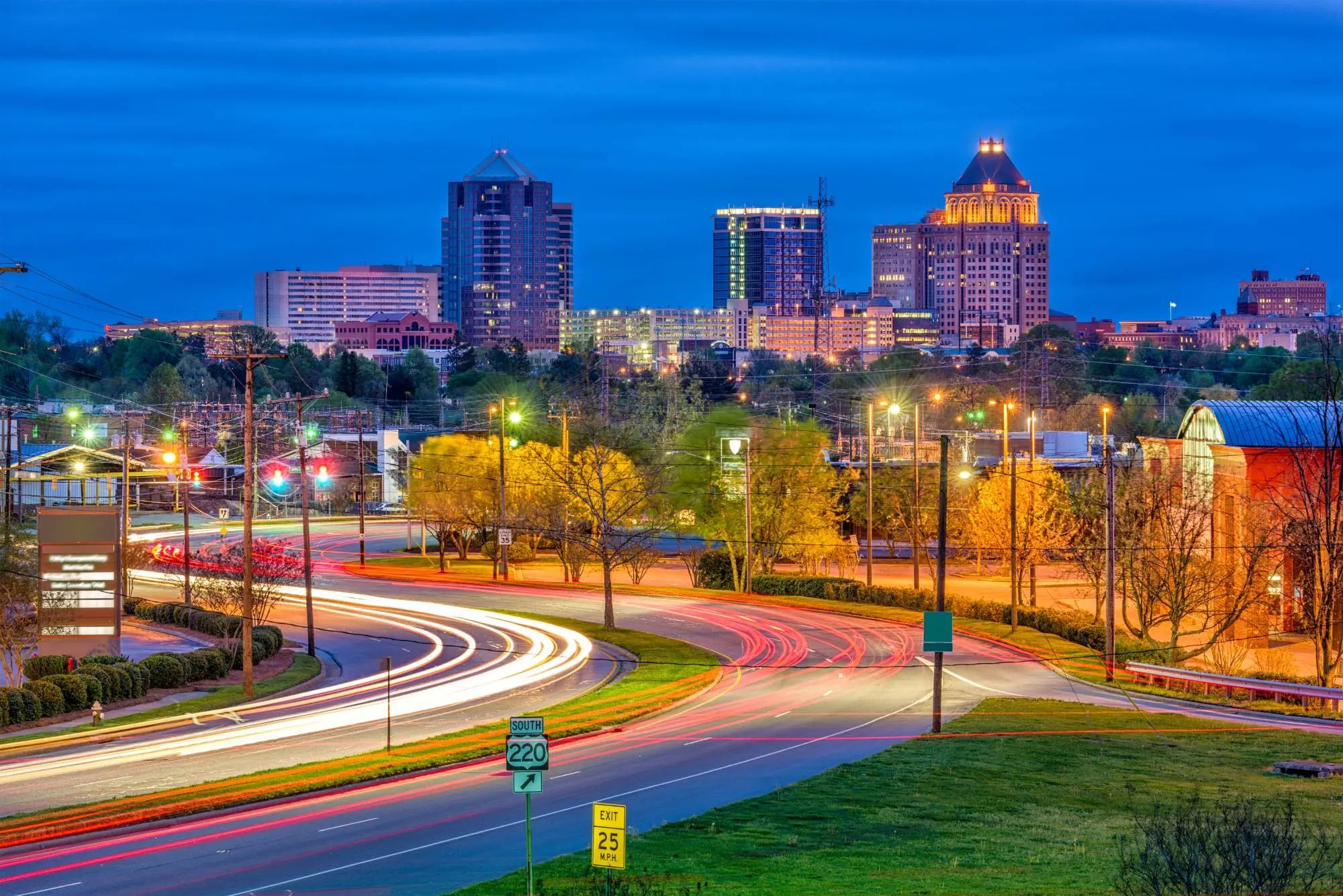 Downtown Greensboro, North Carolina skyline at dusk